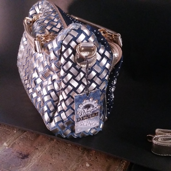 ☆Last One☆ Bling Denim/Gold Faux Lthr Bag NWT - Picture 7 of 7